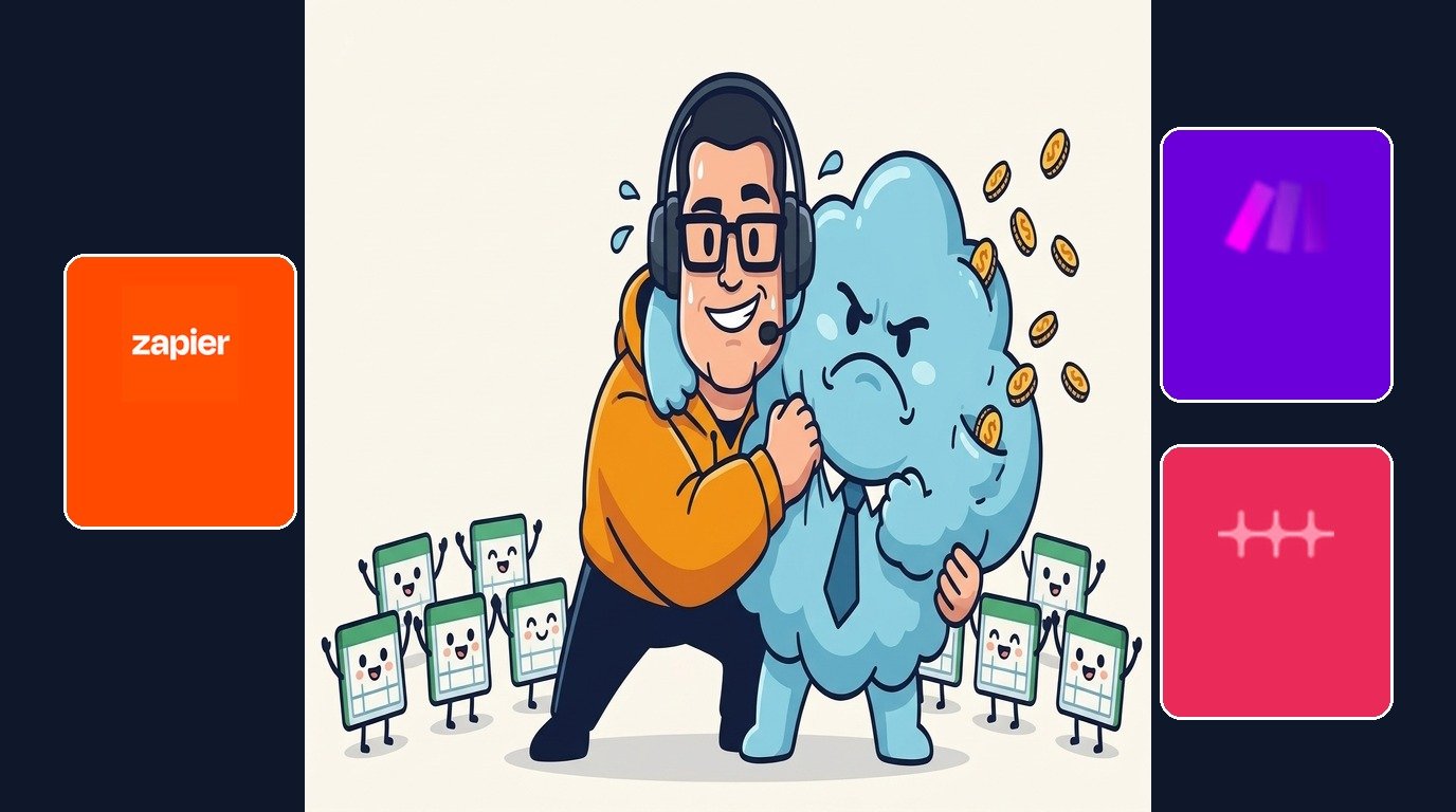 The 2026 Workflow Automation Showdown: Zapier throwing dollar bills for every single task, Make's modular purple tentacle engine weaving complex logic, and n8n's cyber-ninja executing AI agent loops while the SaaS Geek untangles webhook cables.