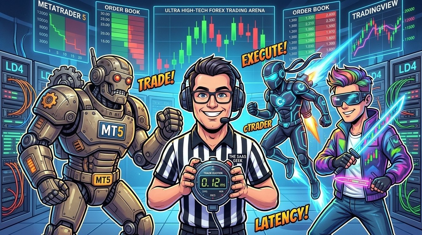 The 2026 Forex Battle Arena: MetaTrader 5's battle-hardened robot clashing with cTrader's sleek C# warrior and TradingView's charting master, while the SaaS Geek clocks trade latency down to 0.12 ms.